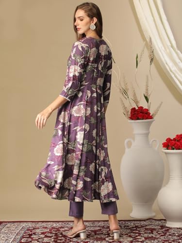 ANNI DESIGNER Womens Cotton Blend Anarkali Printed Kurta with Pant (Damian Purple_5XL_Wine_XXXXX-Large)