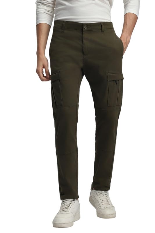Dennis Lingo Mens Cotton Lycra Full Length Solid Slim Fit Cargo Trousers Olive
