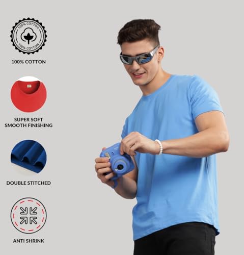 ADRO Men's Solid Regular Fit T-Shirt (RCM3-PLN-PU-SK-PT_Purple,Sky Blue,Pista