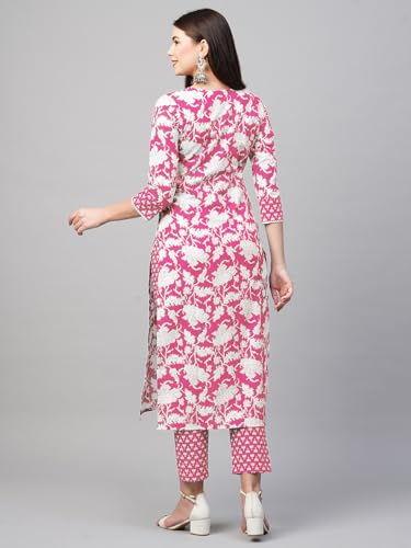 ANNI DESIGNER Womens Cotton Blend Printed Straight Kurta with Pant (Pustak Baby Pink_XL_Black_X-Large)