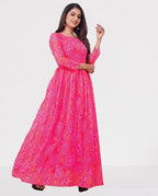Anveri Textiles WomenS Georgette Fancy Bandhani Printed Gown Kurti With Round Neck 3/4 Sleeves Fit Flared Ankle Length | Maxi D