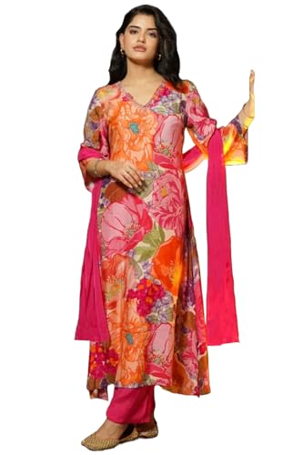 ANNI DESIGNER Womens Cotton Blend Straight Printed Kurta with Pant & Dupatta (VILASA Pink_L_Pink_Large)