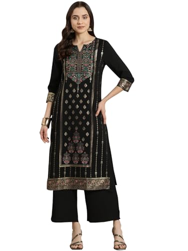 Ziyaa Women'S Black Color Crepe Straight Foil Printed Kurta And Palazzo Set (Hnkucr4031Andpl