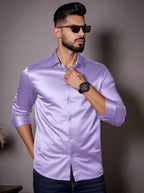 Indoprimo MenS Stylish Solid Satin Casual Shirt For Men Full Sleeve Lavender