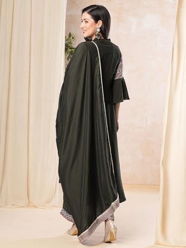 Sanisa Women'S Muslin Digital Printed Anarkali Kurta With Pant And Printed Fabric Lace Work Dupatta