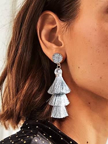 Me&Hz Layered Silver Tassel Earrings for Women Dangling parkling Long Statement Metallic Silver Fringe Earrings Bohemian Birthda