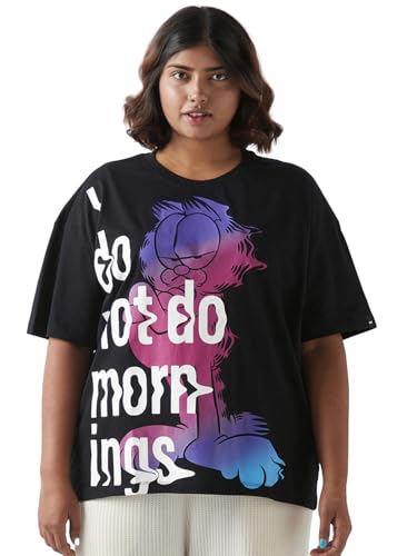 Bewakoof Official Garfield Merchandise Womens Graphic Print Oversized Fit Half Sleeve Round Neck Pure Cotton Plus Size T-Shirt_