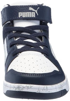 PUMA Rebound Layup Mid Hook and Loop Sneaker, White-Flat Light Gray-Club Navy, 2.5 US Unisex Little Kid