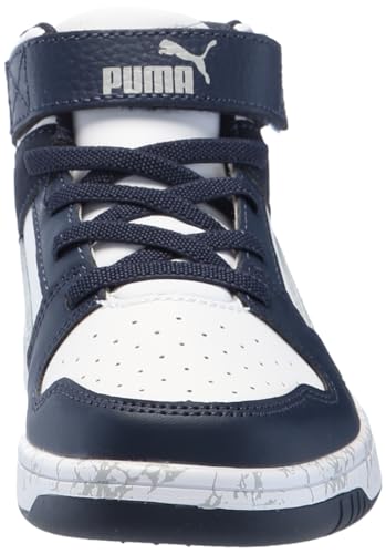 PUMA Rebound Layup Mid Hook and Loop Sneaker, White-Flat Light Gray-Club Navy, 11.5 US Unisex Little Kid