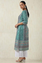 Soch Womens Teal Rayon Botanical Kurta With Beeds