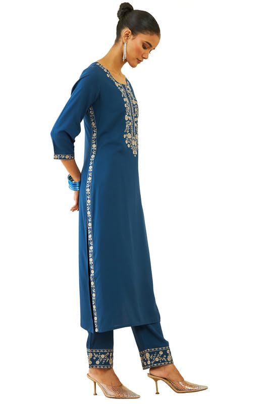 Soch Womens Blue Rayon Floral Embroidered Round-Neck Nyra-Cut Kurta Sets