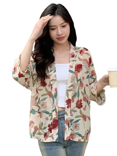 TOPLOT Womens Front Open Floral Printed Shrug Top Regular Fit (Shrug-5148-Apricot-XXL)