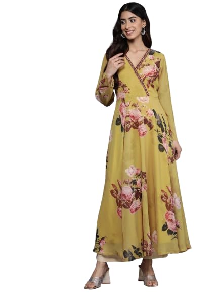 Varanga Women Mustard Floral Printed V-Neck Angrakha Style A-Line Kurta With Regular Full Sleeves