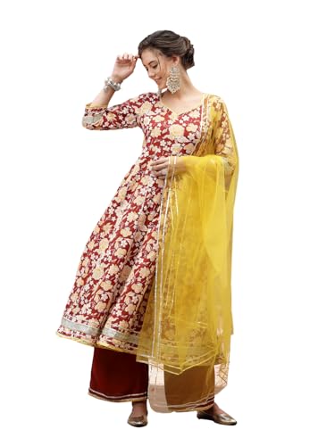 Stylum Women'S Floral Printed Cotton Anarkali Kurta Pant & Dupatta Set (Kpdrustgulabo40_Rust, L)