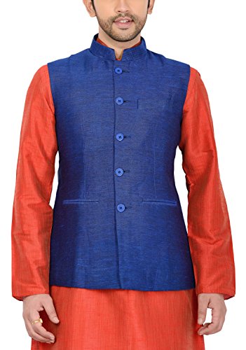 Manyavar MenS Regular Fit Banded Collar Waistcoat, Blue - X-Large (Wc00042-306)