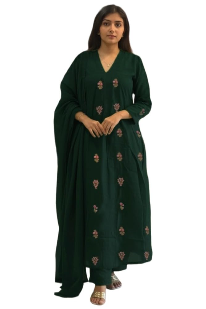 Anni Designer WomenS Rayon Viscose Embroidered Straight Kurta With Pant & Dupatta (Piano Dark Green_Xxl_Green_Xx-Large)