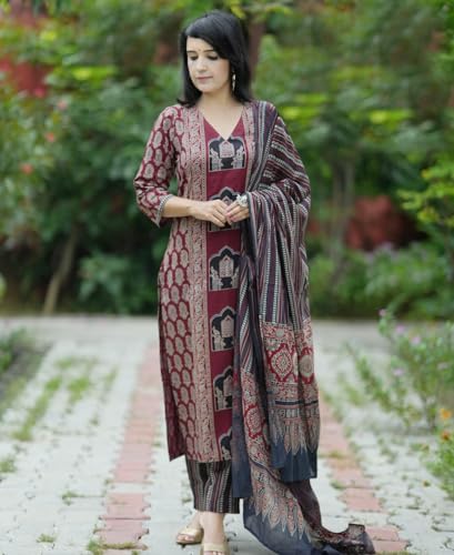 ANNI DESIGNER Womens Rayon Viscose Printed Straight Kurta with Pant & Dupatta (SARANGPUR Maroon_L_Maroon_Large)