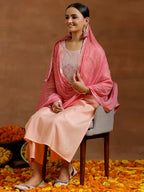 Libas WomenS Silk Blend Kurta Sets (Gs923_Peach