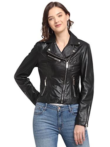 Teakwood Genuine Leather Soild Stylish Casual Biker Jacket for Women (LBlack)