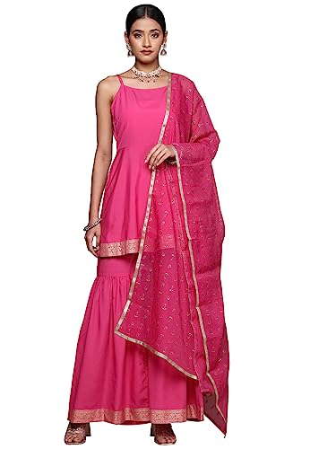 Ziyaa Women'S Pink Crepe Kurta, Sharara And Dupatta Set