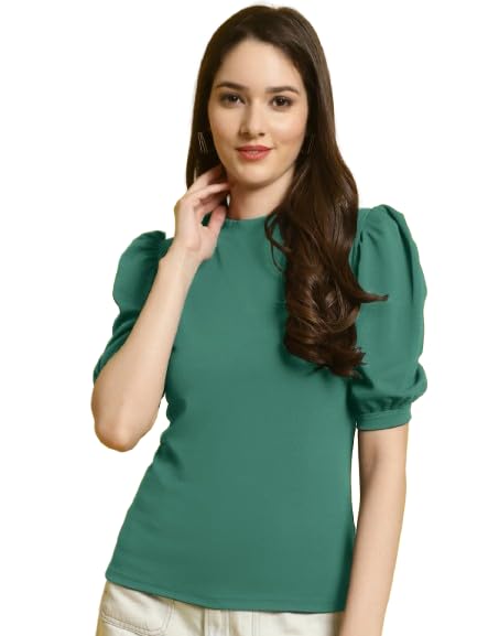 Pinkmint Polyester Round Neck Puff Sleeve Elegant Casual Top For Womens & Girls Ll Casual T-Shirt Ll Fancy Summer Wear Tops (Pac