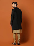 Kisah MenS Black And Golden Indo-Western Kurta Sherwani Churidar Set Cotton Silk Full Sleaves, Knee Length, Straight, Regular F