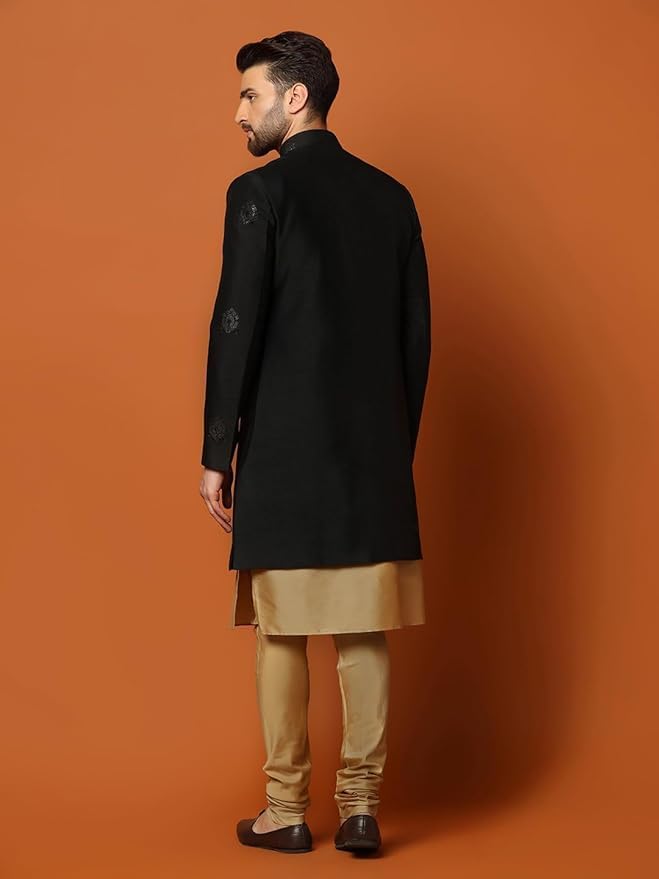Kisah MenS Black And Golden Indo-Western Kurta Sherwani Churidar Set Cotton Silk Full Sleaves, Knee Length, Straight, Regular F