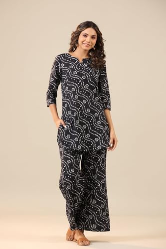 ANNI DESIGNER Womens Rayon Blend Straight Bandhej Printed Kurta & Pant (Nesta Blue_L_Blue_Large)