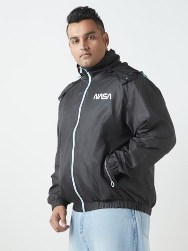 Bewakoof Official Nasa Merchandise Spaceman Mens Graphic Printed Oversized Fit Full Sleeve Hooded Nylon Plus Size Bomber Jacket