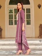 Womanista Women'S Mauve Embroidery Kurta With Net Dupatta & Trouser