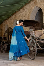 ANNI DESIGNER Womens Cotton Blend Anarkali Embroidered Kurta with Pant & Dupatta (GSK-Cerosin_XXL_Blue_XX-Large)