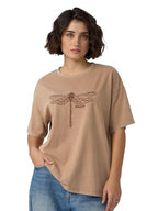 The Souled Store Dragonfly Peace Women and Girls Short Sleeves Round Neck Brown Embroidered Cotton Oversized T-Shirts