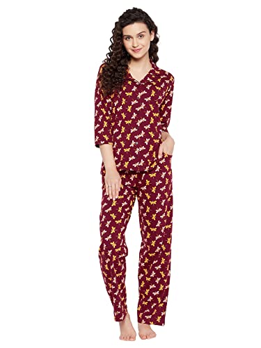 Clovia Womens Print Me Pretty Button Me Up Shirt & Pyjama Set (LS0585P15_Purple_L)