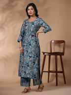ANNI DESIGNER Womens Rayon Blend Straight Printed Kurta with Palazzo (Kanjirang Blue_M_Blue_Medium)