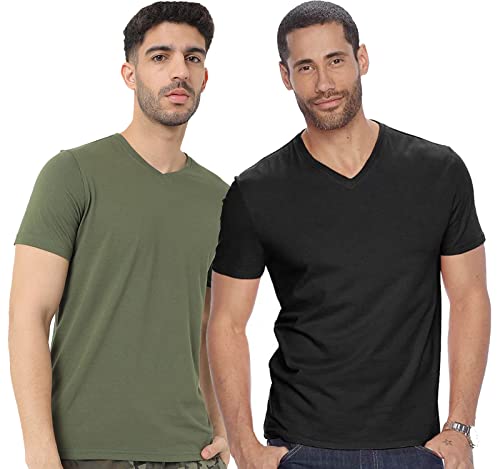 ADRO Mens V Neck Combo Plain Cotton T-Shirts_VCM2-PLN-BL-OL-M Black, Olive