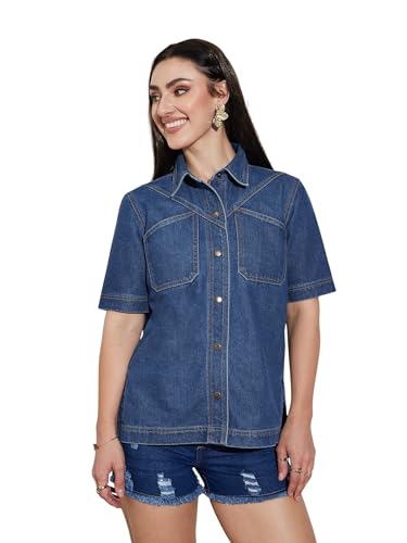 Miss Chase WomenS Boxy Denim Shirt  Half Sleeves, Collared, Relaxed Fit,(Mcss25Den74-40-57-04, Dark Blue, M)