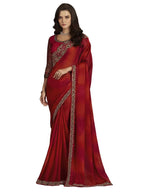 Satrani Womens Pure Chiffon Saree (3568S121N_Red & Dark Pink1)