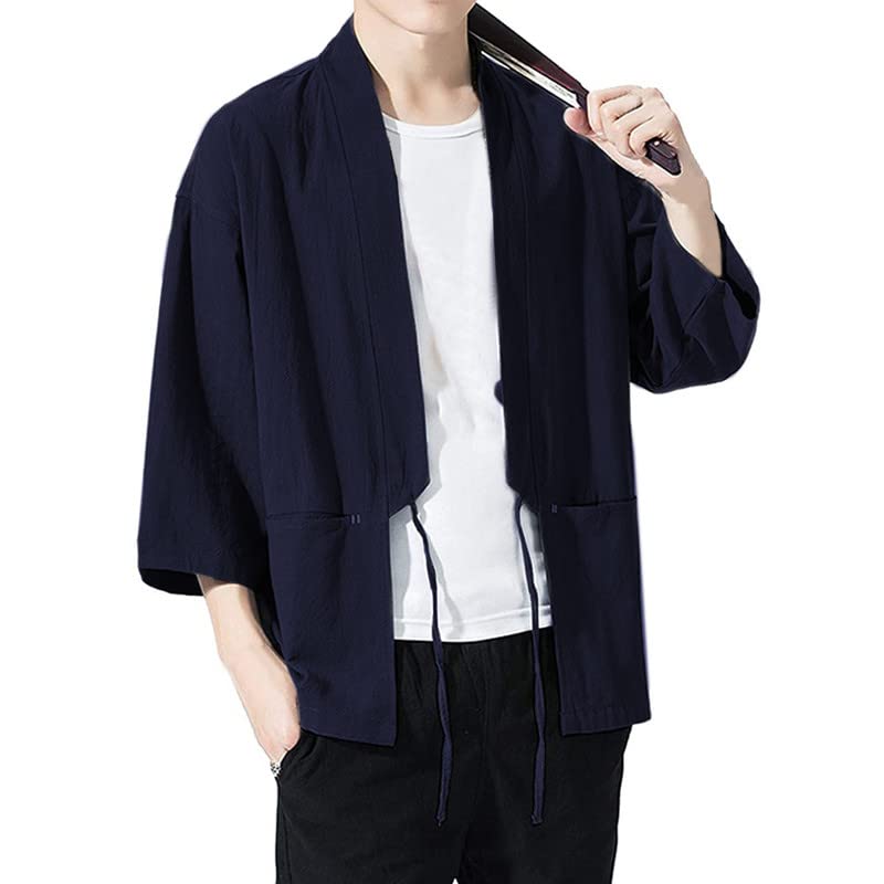 Haseil Men's Kimono Cardigan Japanese Jackets Casual Cotton 3/4 Sleeve Shirt Open Front Coat Lightweight Linen Yukata, Navy Blue