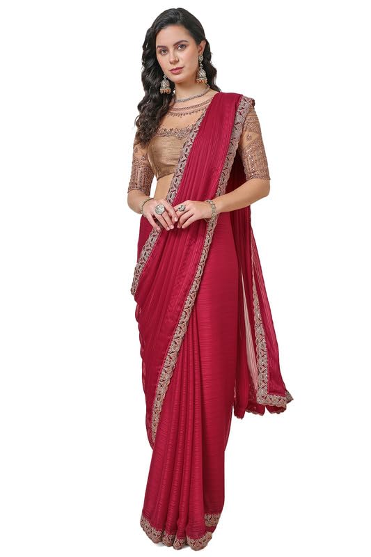 Soch Women Striped Chiffon Saree with Zardosi Lace