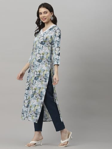 ANNI DESIGNER Womens Cotton Blend Straight Printed Straight Fit Kurta with Pant (Southz Blue-Nw_S_Blue_Small)