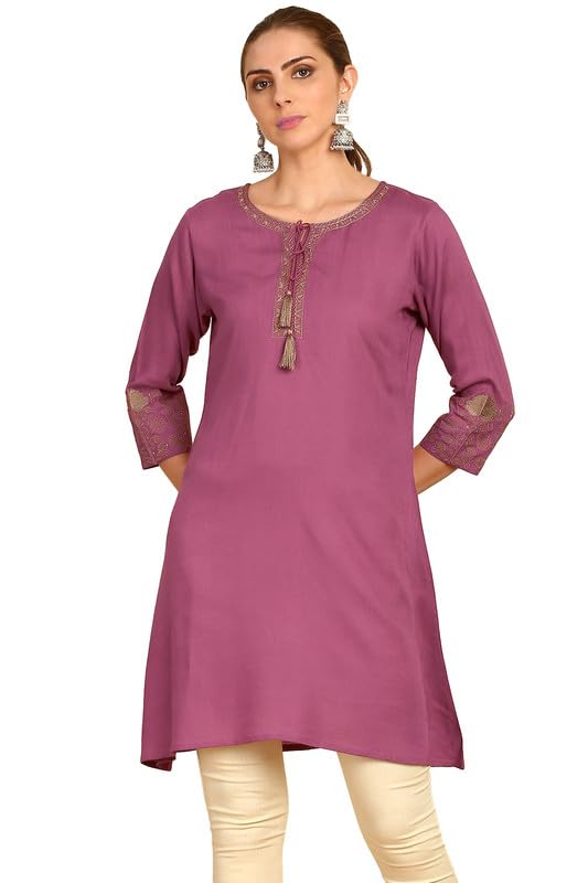 Soch WomensTie-Up Neck Rayon Slub A-Line Short Kurta with Thread Work