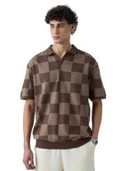 The Souled Store Jacquard: Old School Brown Men and Boys Short Sleeves Collared Neck Cotton Oversized Polos