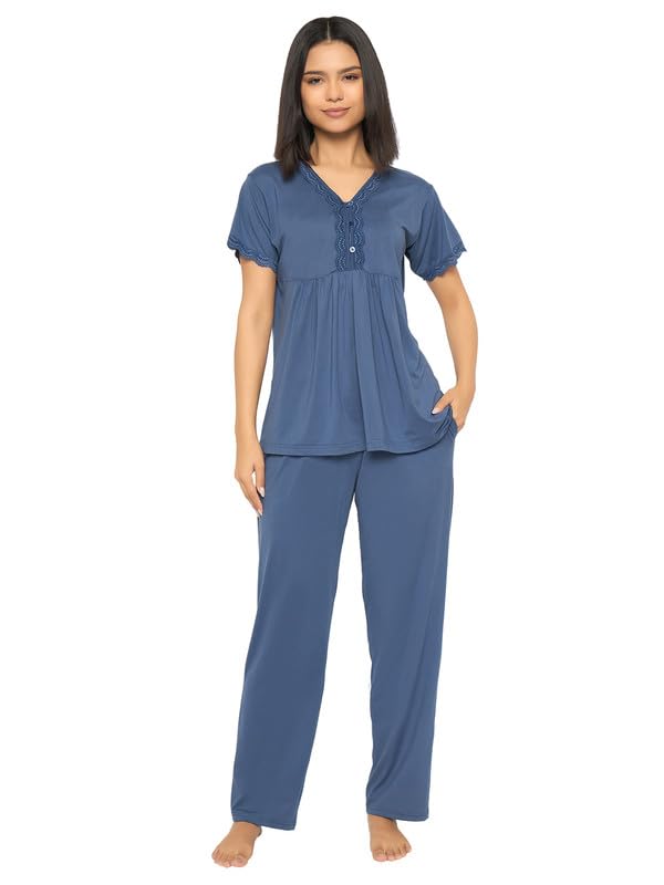 Clovia WomenS Solid Top & Pyjama Set (Ls5745R03_Blue_L)