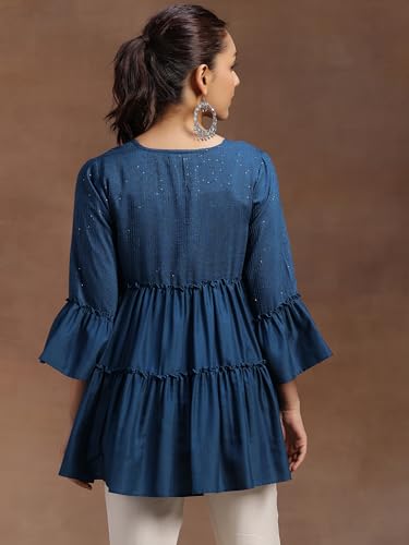 Libas WomenS Silk Blend Solid Regular Kurti (29142 Blue