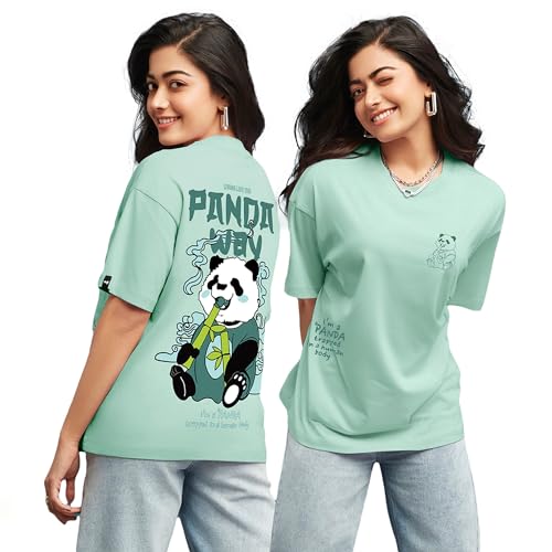 Bewakoof Womens The Panda Way Graphic Print Cotton T-Shirt- Oversized Fit, Round Neck, Half Sleeves 581312_Green_M