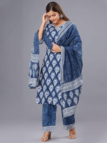 Tee Projekt WomenS Cotton Blend Sweetheart Neck Straight Kurta Pant With Dupatta Set Ll Block Printed Kurta Set For Women Ll Fe