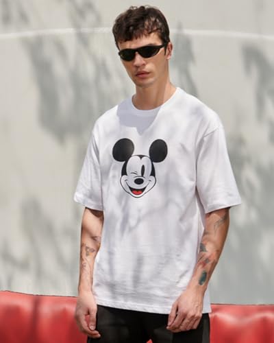 Bewakoof Mens Mickey 100% Cotton T-Shirt - Oversized Fit, Round Neck, Half Sleeves White