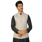 Wintage Men'S Linen Cream Nehru Jacket With Black Kurta And White Pyjama : Wc157Linennaturalkp001