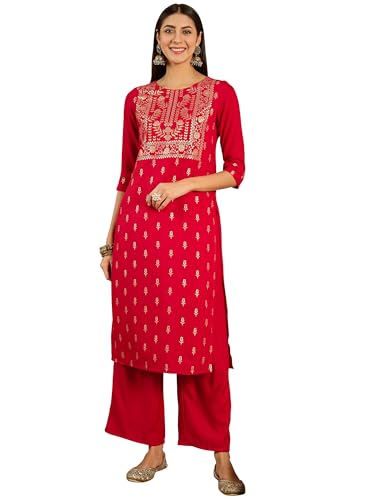 Ziyaa Women'S Red Rayon Kurta And Palazzo Set (Zikury2868Andpl-Rl5-Xxl