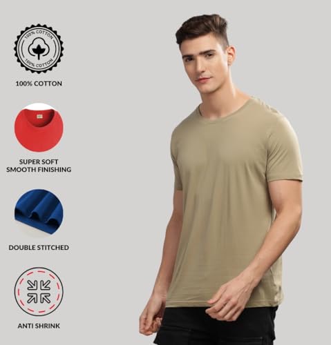ADRO Men's Solid Regular Fit T-Shirt (RCM3-PLN-PT-BE-PU_Pista,Beige,Purple